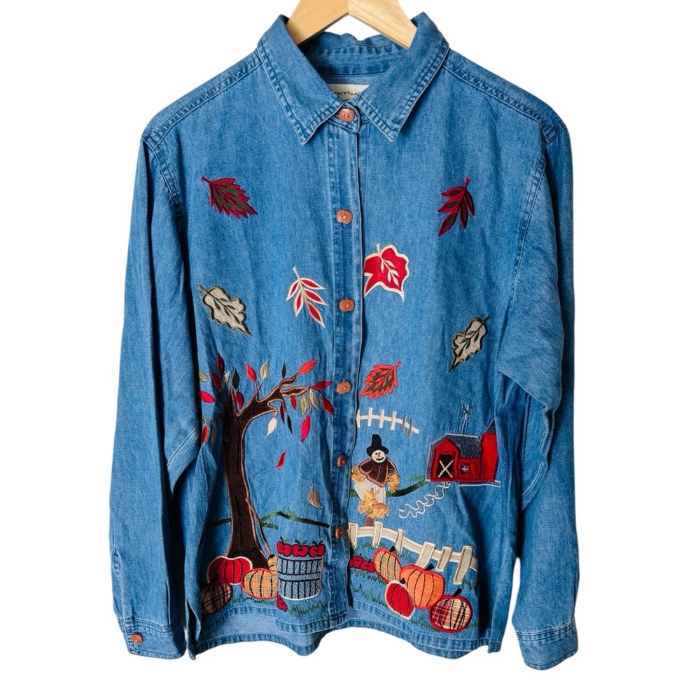 TANTRUMS Shirt Button Down Long Sleeve Denim Embroidered Fall Farm Pumpkins